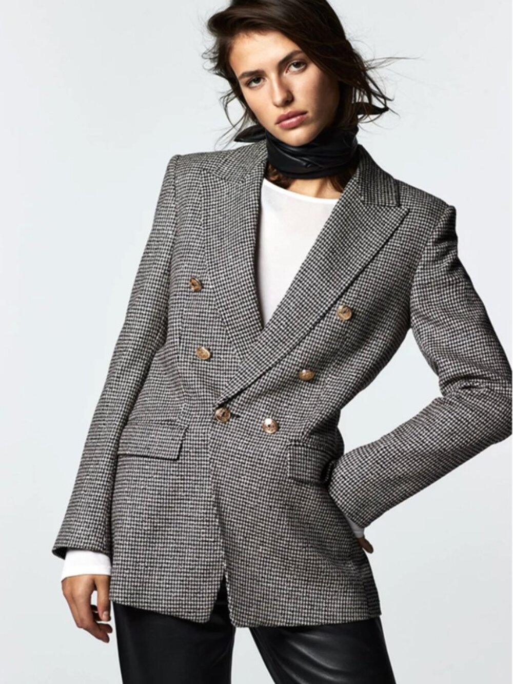 Zara Houndstooth Double Breasted Blazer - Black White - Gold Buttons - Size S